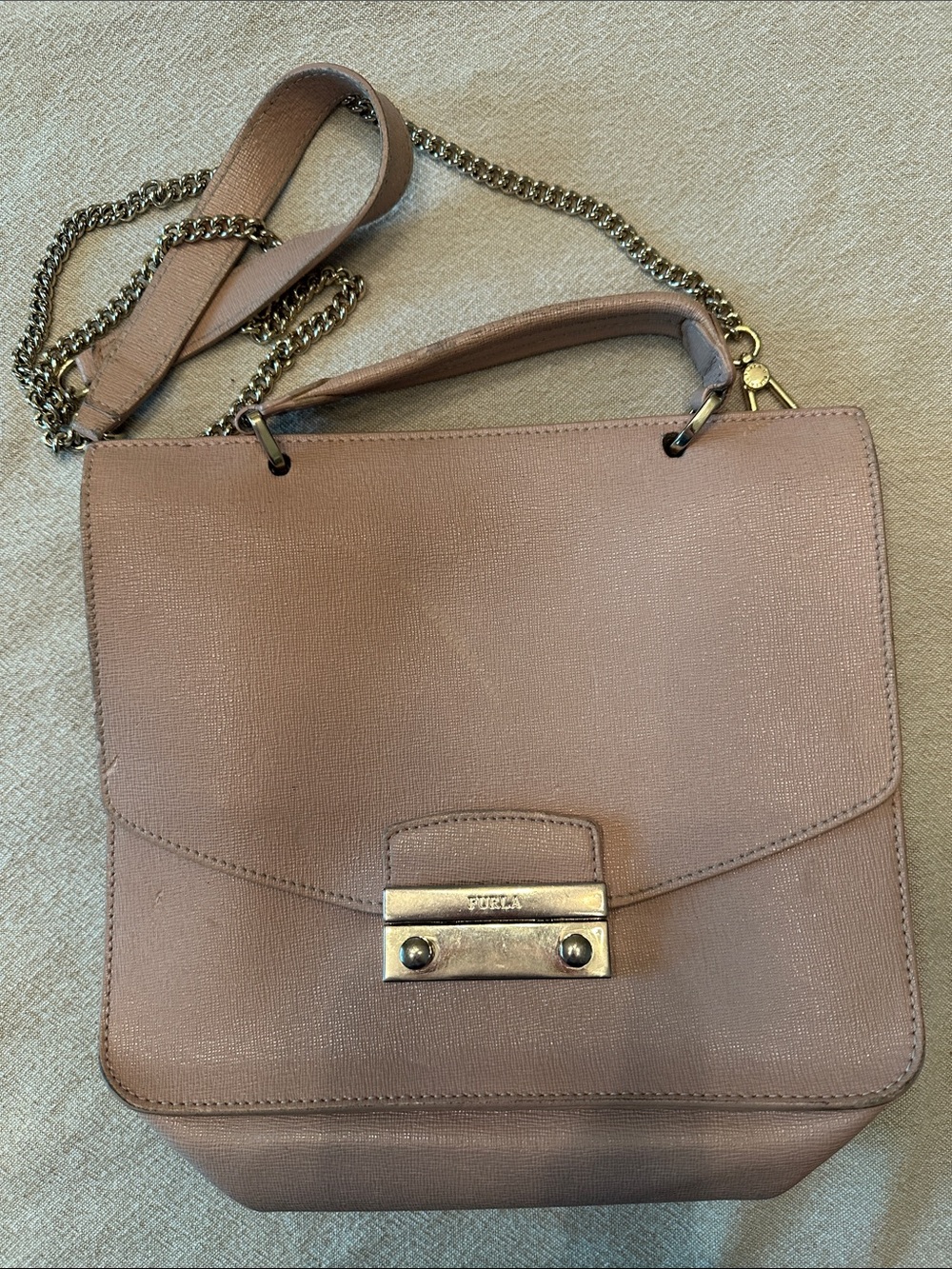 Furla Powder Pink Leather Shoulder Bag with Gold Chain